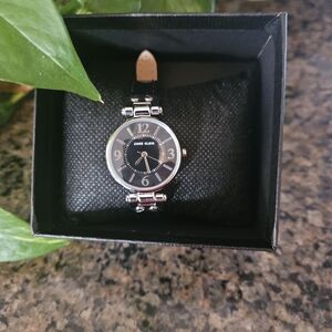 Anne Klein Black Leather Strap and Silver Women's Watch With New Battery